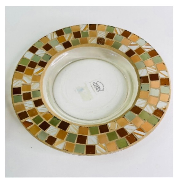 Yankee Candle Glass Mosaic Candle Plate Earth Tones Gold & Green. Plate 7.75"
